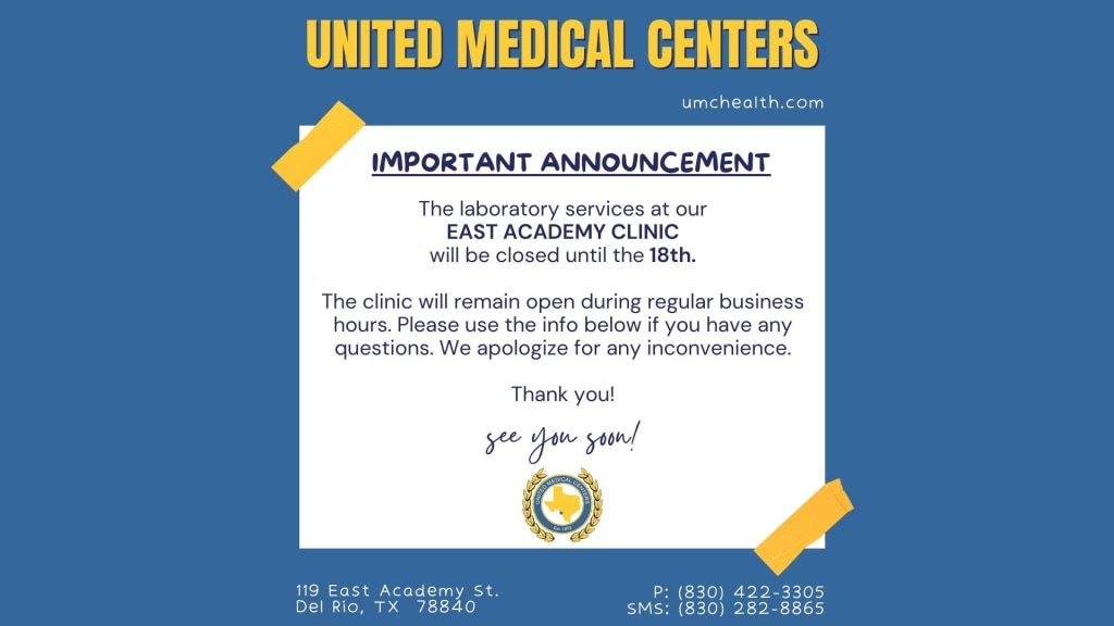 LABORATORY SERVICES AT OUR EAST ACADEMY CLINIC WILL BE CLOSED UNTIL THE 18TH